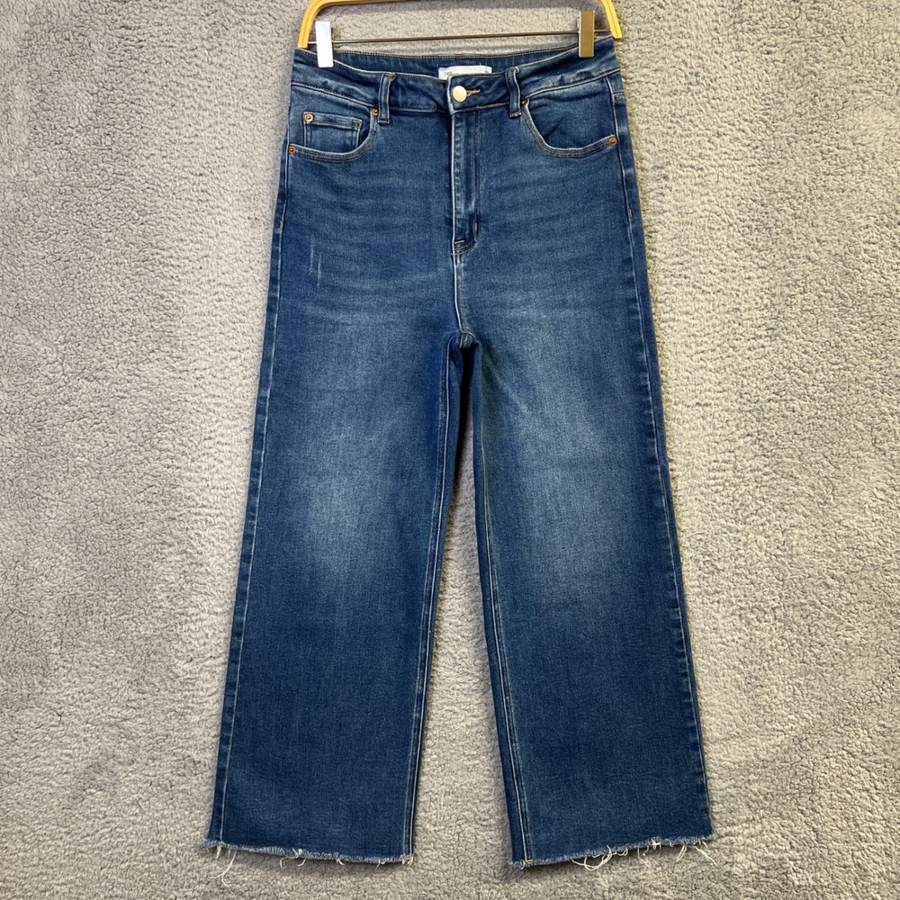 TMR Jeans Women 29 Blue Denim High Rise Wide Leg Raw Hem Stretch MOCO Boutique